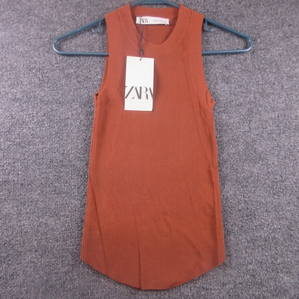 Zara Tank Top Womens XS Orange Ribbed Knit Crew‎ Neck Stretch Basic Casual